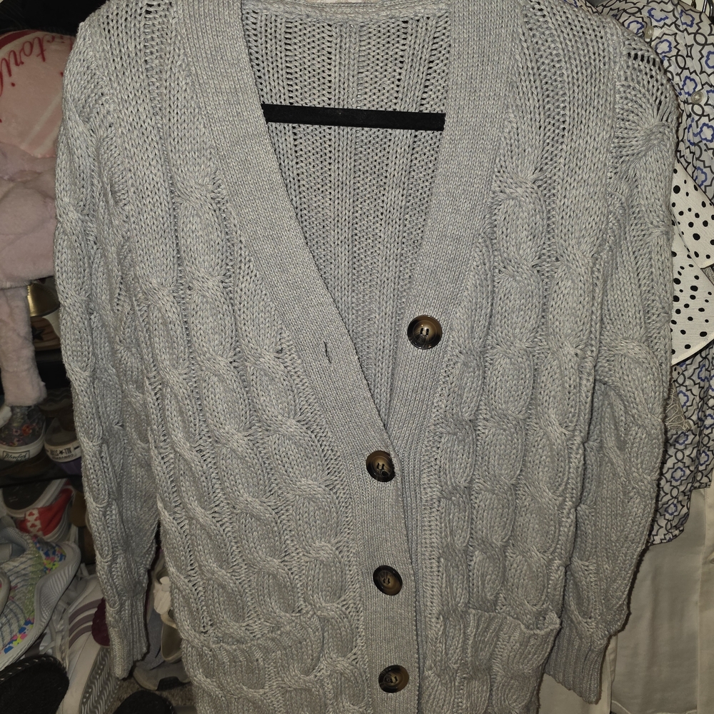 Cozy Gray Cable Knit Cardigan Sweater